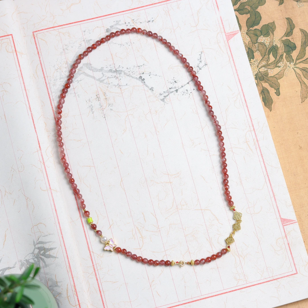 南红玛瑙圆珠蝴蝶新中式手工diy民族风百搭送礼女款毛衣链