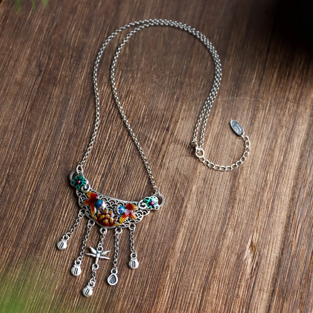 坠链均925银 S925银景泰蓝小金鱼流苏国潮国风女款吊坠套链