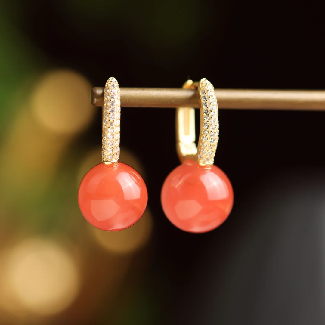 S925银镀金镶嵌玛瑙圆珠民族风手工DIY送礼女款耳扣