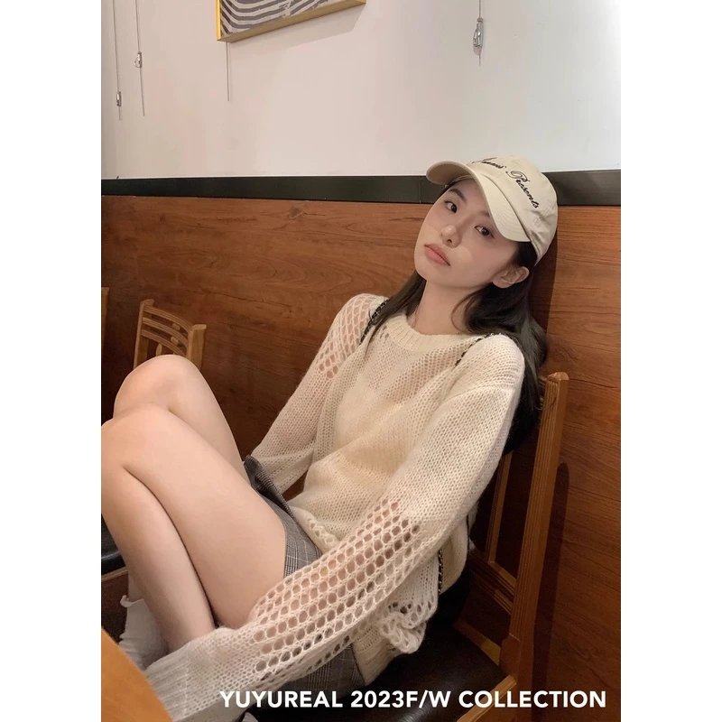 镂空马海毛套头毛衣女2024秋冬新款设计感针织衫上衣