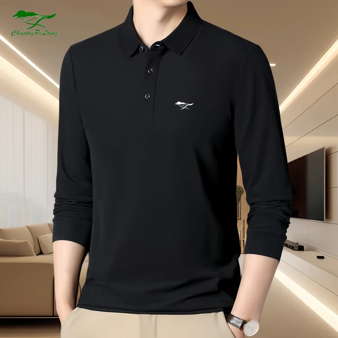 品牌男士长袖POLO衫2024秋季新款商务休闲打底衫宽松纯色大码上衣