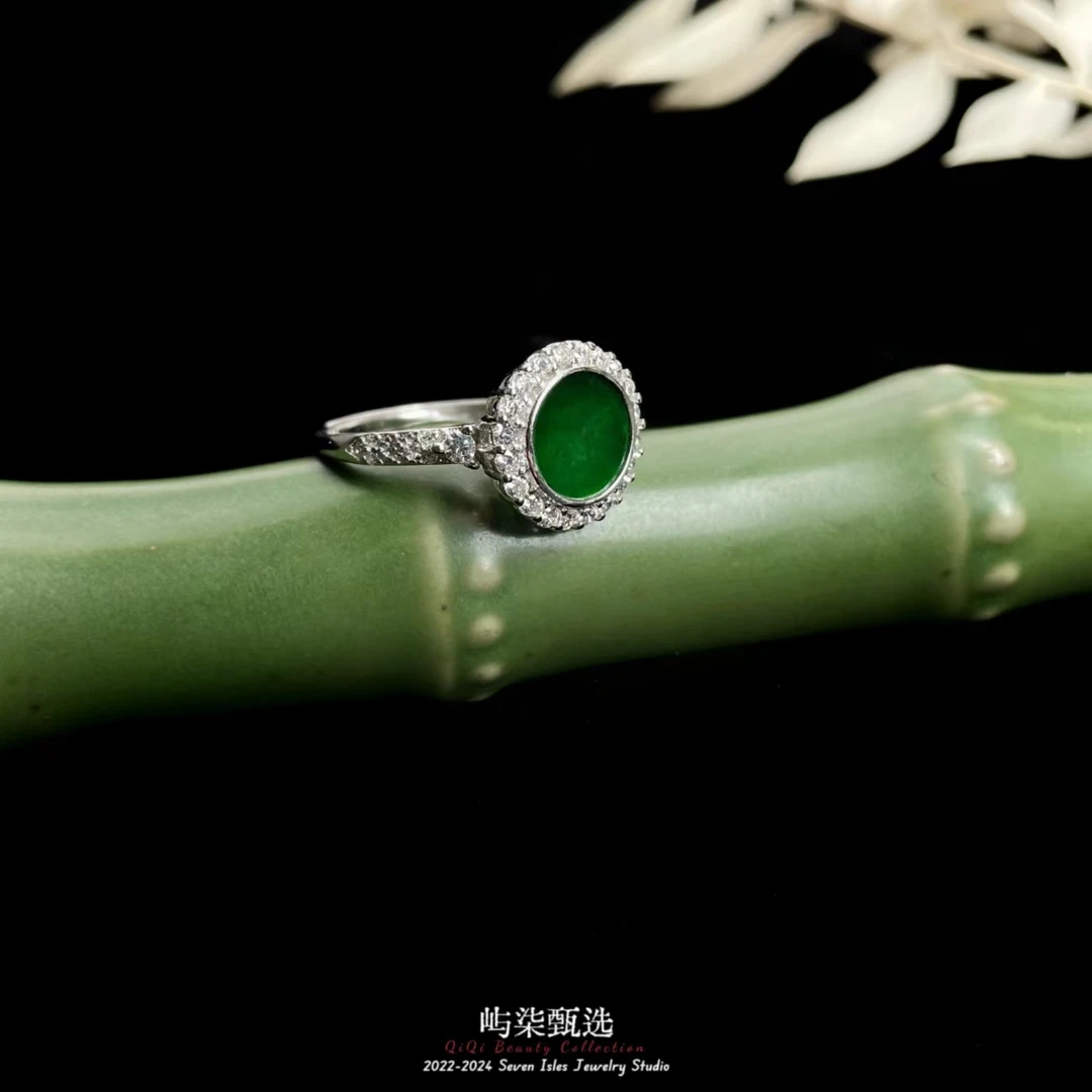 【要努力】D369 翡翠银S925镶嵌 翡翠绿面飘花内镶戒