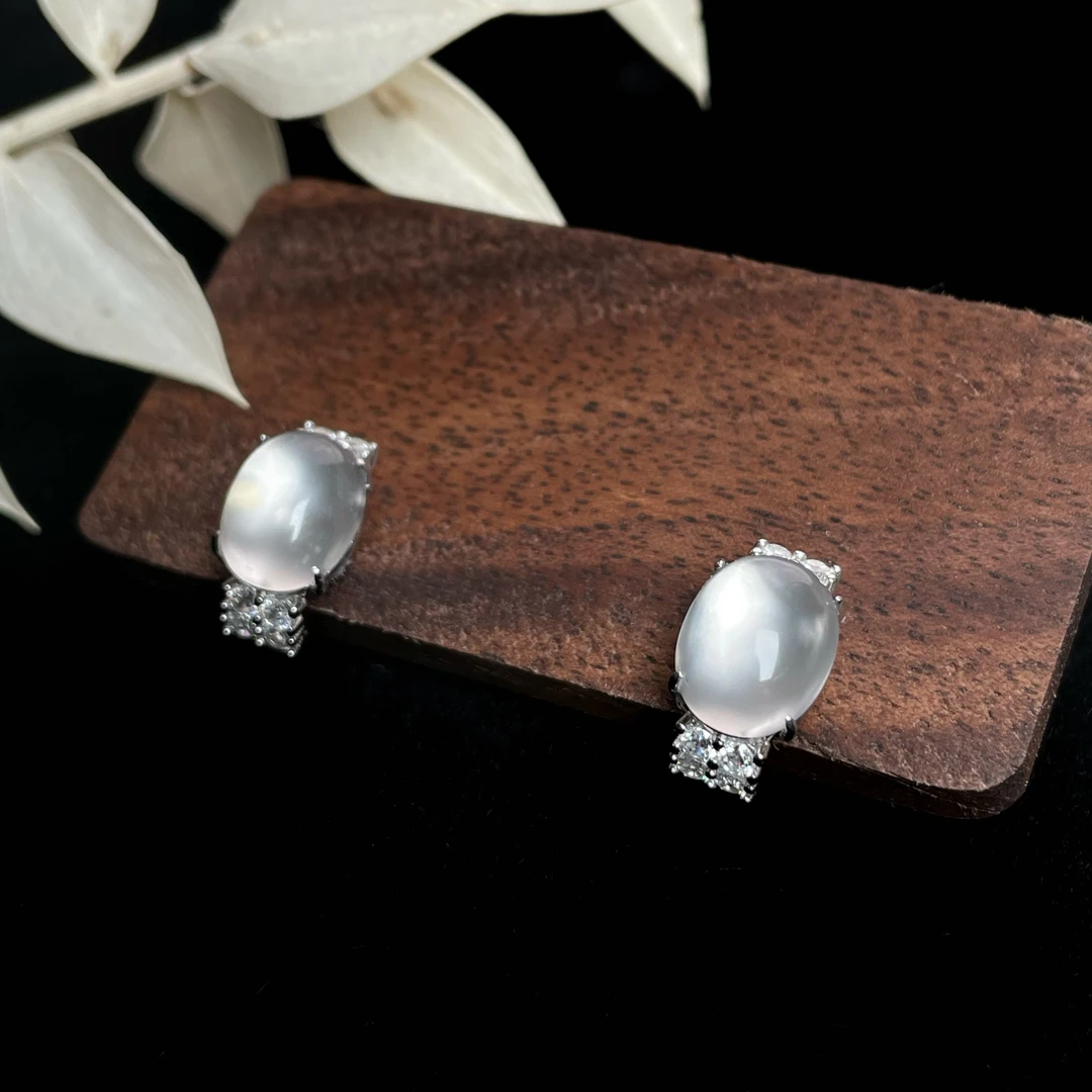 【要努力】E147 石英质玉银S925镶嵌 水沫子大蛋面耳扣