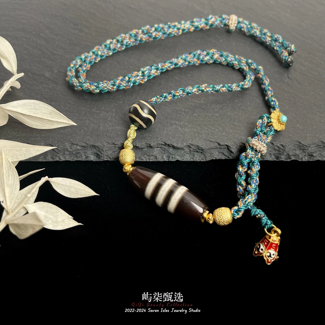 【要努力】A123 玛瑙银925镶嵌 皓澜 三线珠珠蓝绳颈饰