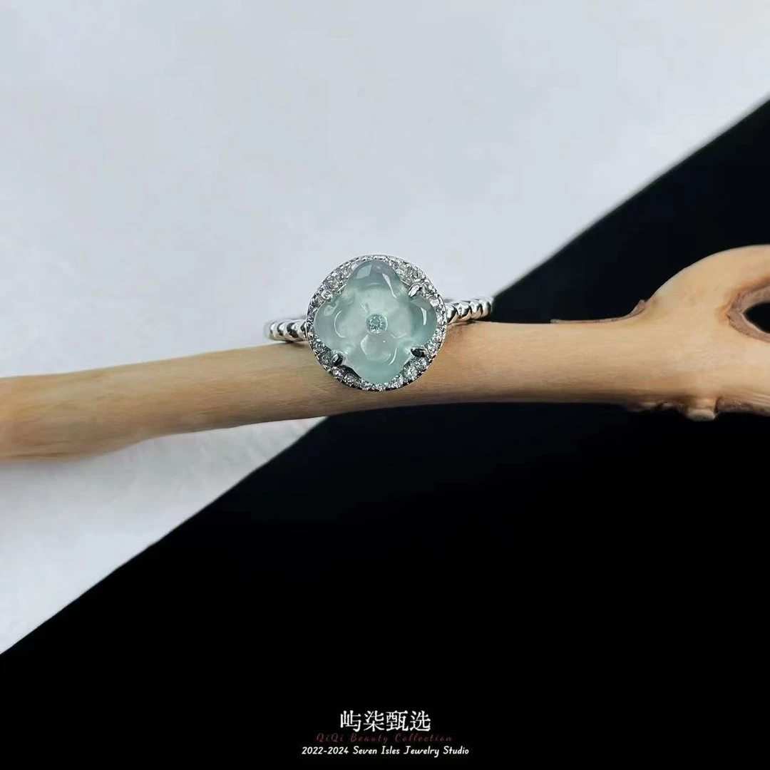 【要努力】D351 翡翠银s925镶嵌 蓝冰桂花圆闪戒指