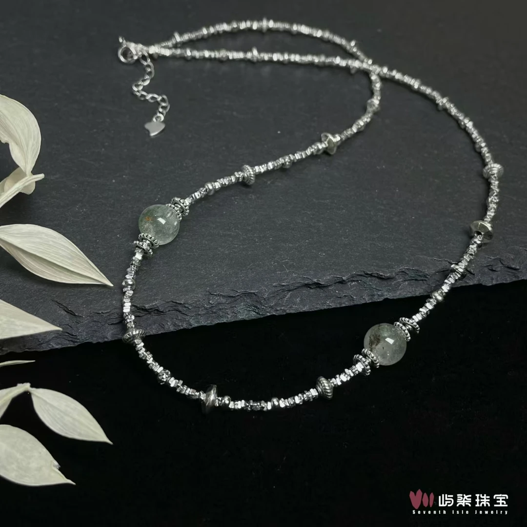 【要努力】A1122 水晶银S925镶嵌 不知春 绿幽灵碎银项链