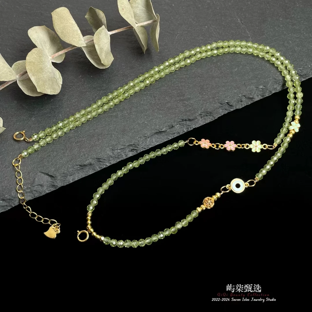 【要努力】A997 橄榄石银S925镶嵌 橄榄切面多花提溜项链60cm