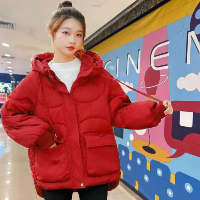 爆款棉服女短款2024年冬季新款韩版红色棉袄连帽时尚百搭加厚外套