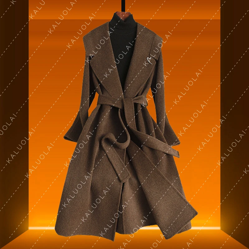 KALUOLAI/卡洛莱双面呢中长款系带毛呢外套呢大衣呢子外套修身冬