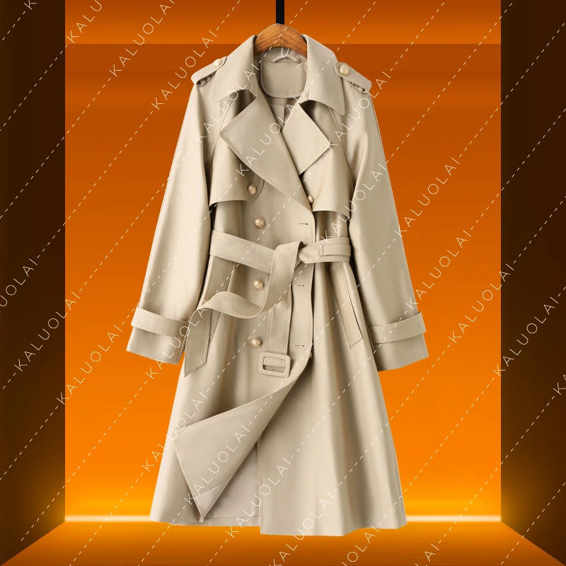 KALUOLAI/卡洛莱卡其色风衣女中长款过膝英伦风双排扣气质外套女