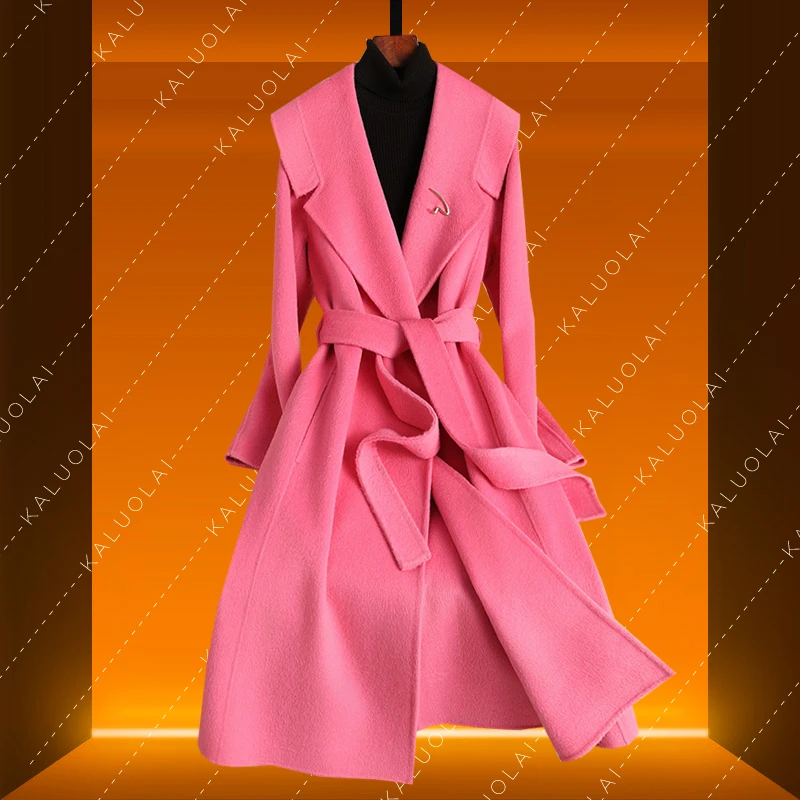 KALUOLAI/卡洛莱双面呢中长款系带毛呢外套呢大衣呢子外套修身冬