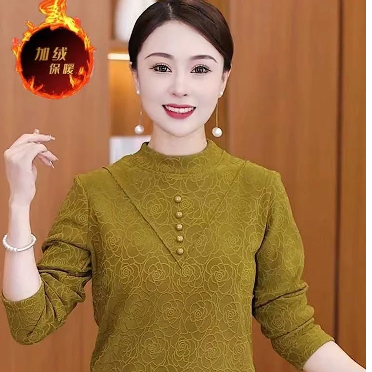 提花加绒加厚半高领打底衫冬季新款妈妈装保暖长袖上衣中老年气质