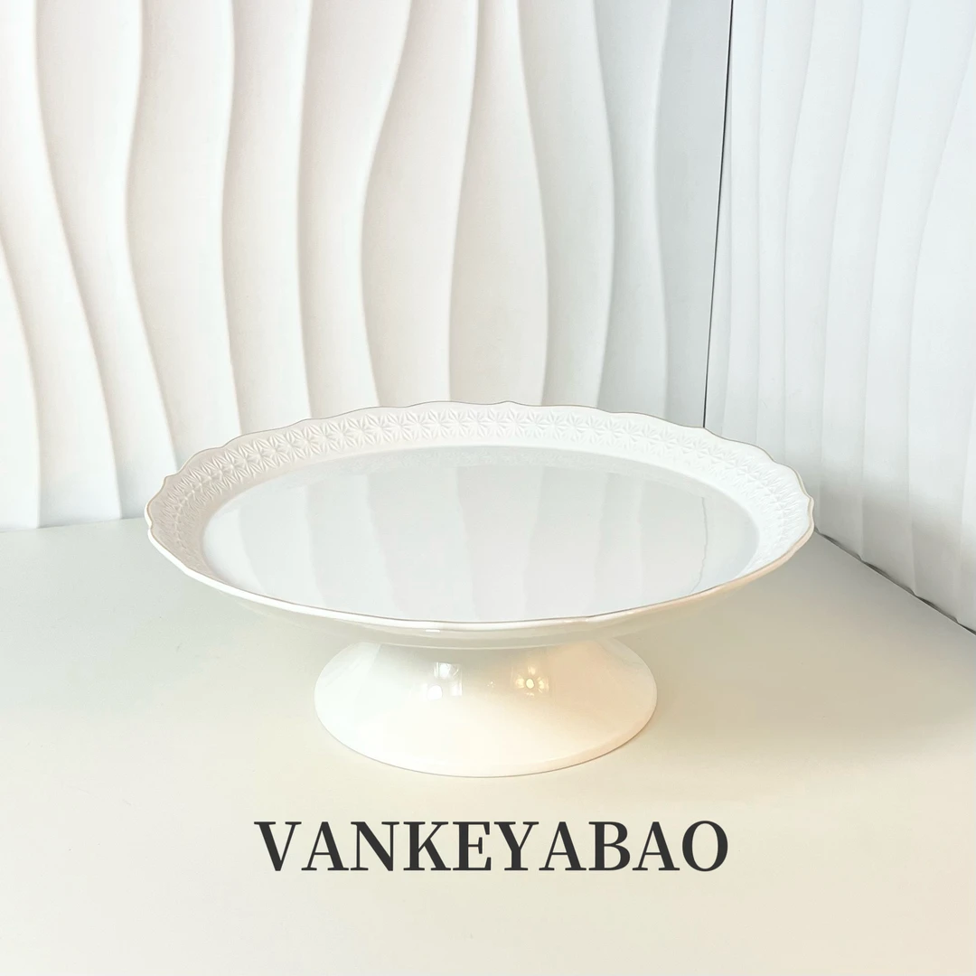 【闪购商品】 Y21浮雕花瓣VANKEYABAO白色轻奢描金陶瓷高足盘 2191