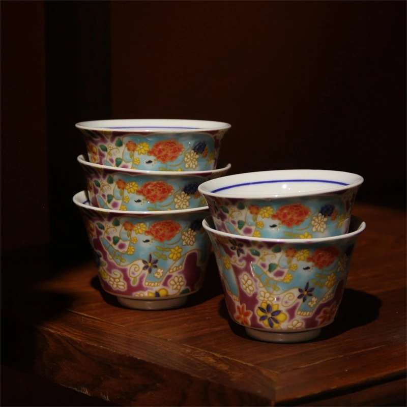 J45九谷交趾釉紫色碎花大象重工手绘陶瓷茶杯五支装2335