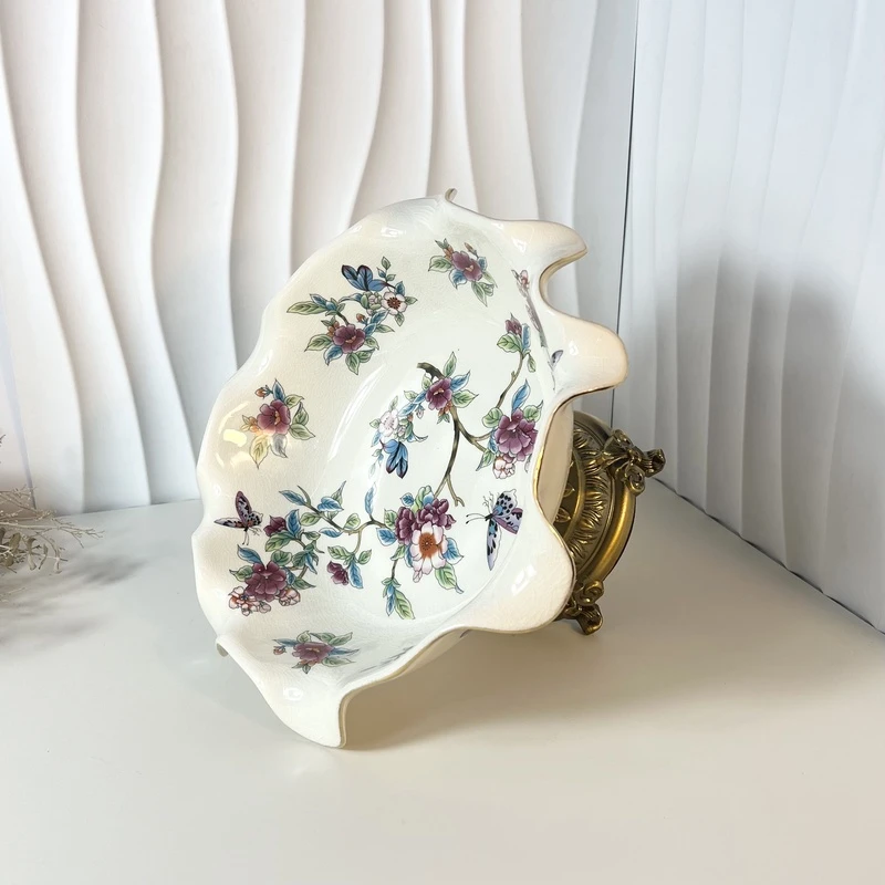 【闪购商品】 F415粉玫瑰蝴蝶波浪边开片印花陶瓷高足水果盘3266