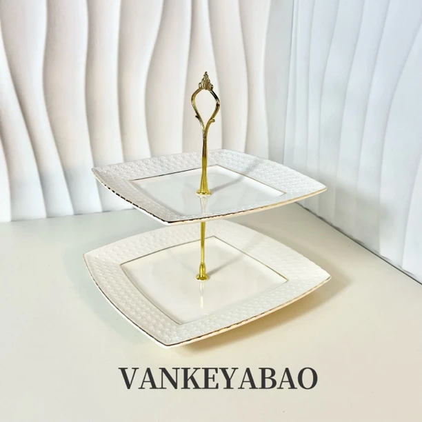 【闪购商品】 P39浮雕花瓣VANKEYABAO白色轻奢描金双层陶瓷盘 2139