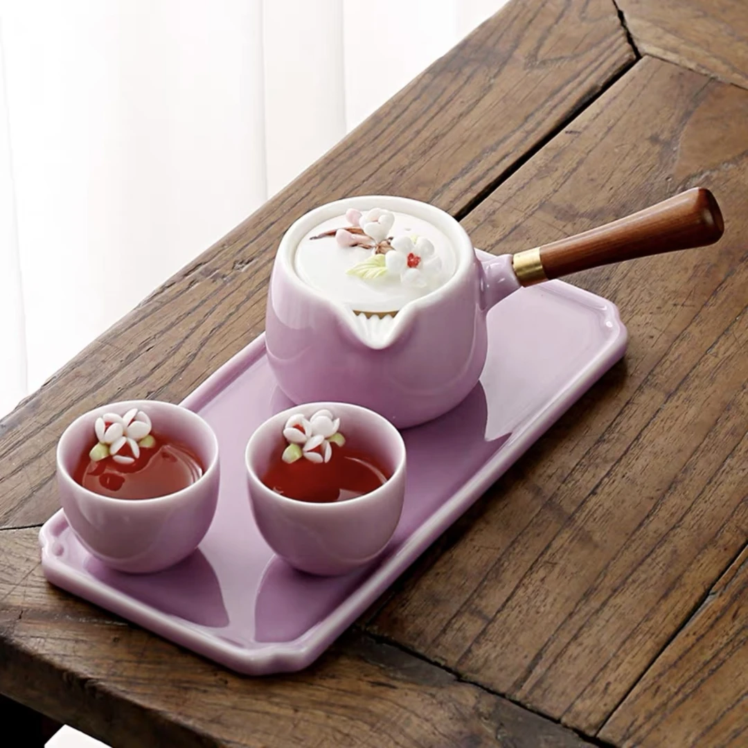 Z44紫罗兰紫色手工涅花陶瓷侧把茶壶双杯壶承套装茶具2028
