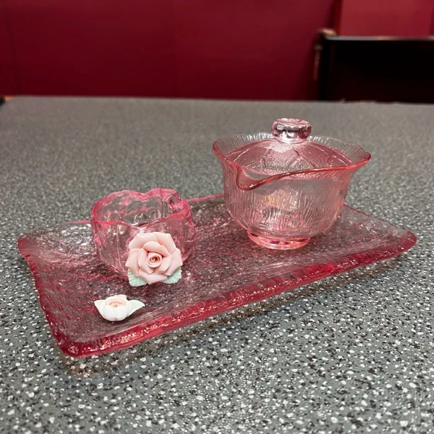 V36M214粉色樱花雕刻茶壶茶杯手工玻璃带茶盘宝瓶茶具2625