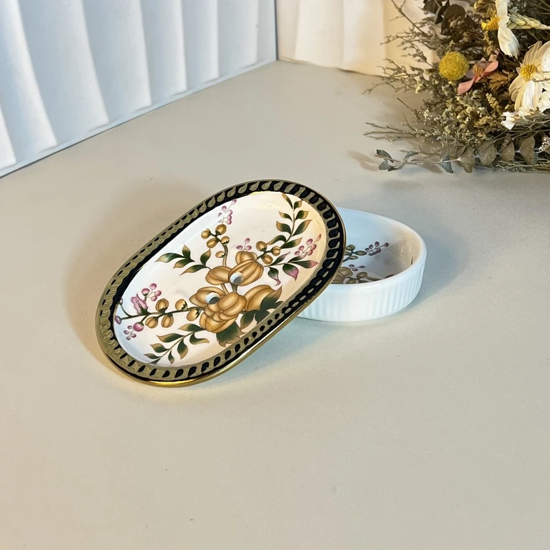 【闪购商品】 F321罂栗花描金轻奢小清新洒金陶瓷肥皂盒DB2633