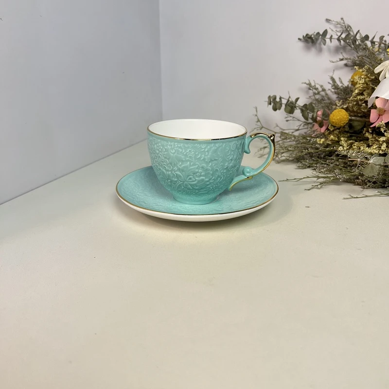 【闪购商品】 K212绿色轻奢浮雕钻石欧式咖啡杯杯碟2987