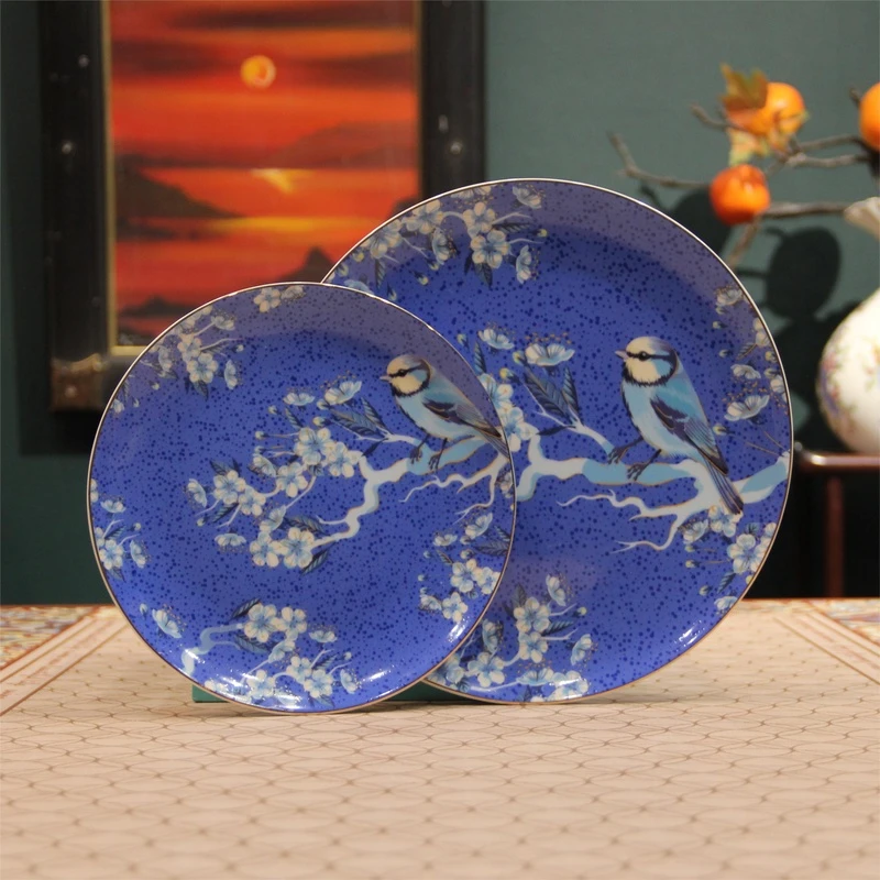 【宠粉专享】T110蓝色喜上眉梢色釉上彩轻奢欧式骨瓷双盘2787