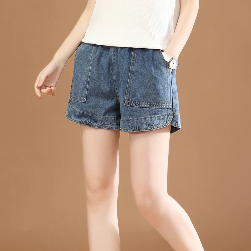 韩潮袭人松紧高腰开叉阔腿牛仔短裤女2023夏宽松哈伦热裤薄PT0204