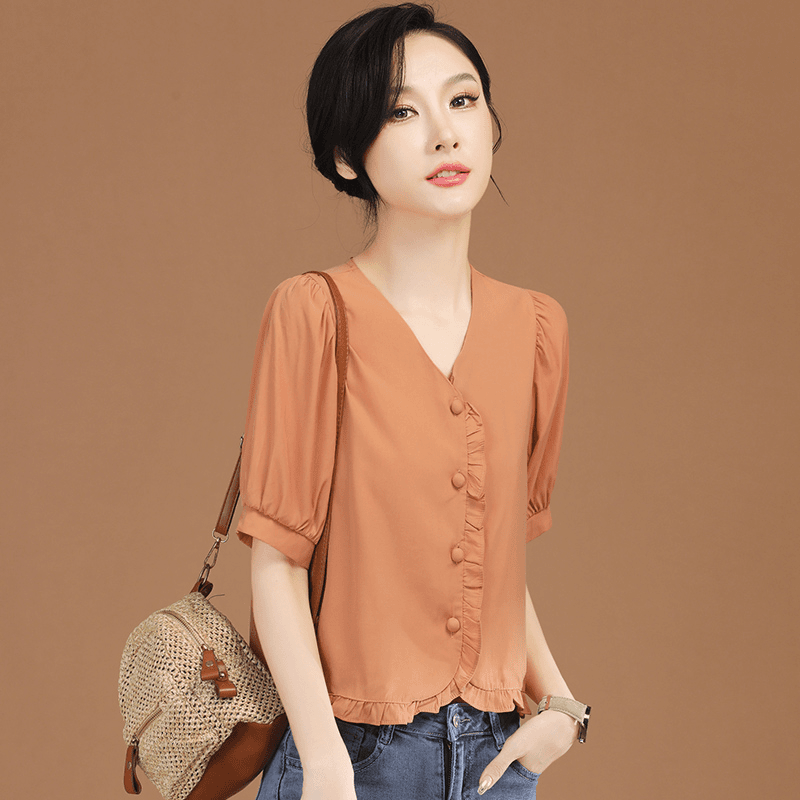 韩潮袭人法式V领拼接短袖衬衫2023夏高级感别致漂亮小衫衬衣B0414
