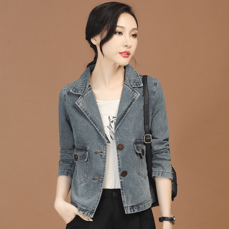 韩潮袭人小西装领小香风牛仔外套女春秋棒球服休闲夹克短款D0283