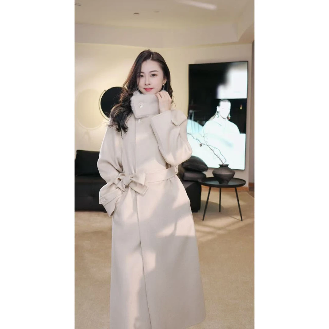 【露露】气质轻奢时尚修身秋冬绵羊毛水貂皮毛领大衣CM-905057