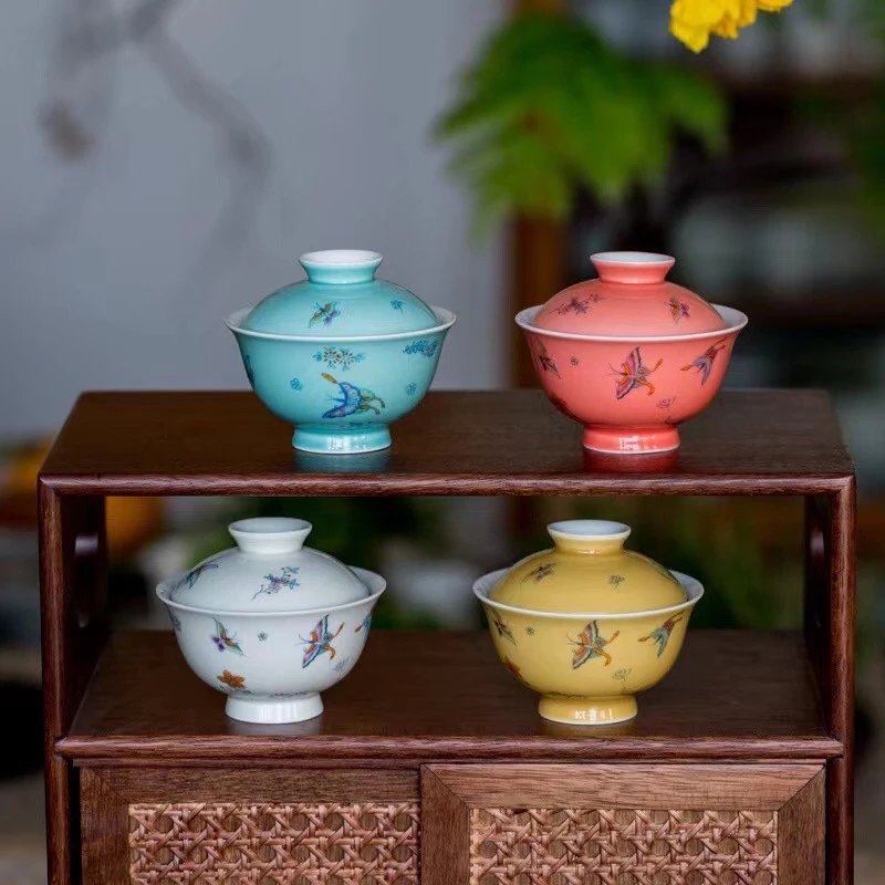 寒舍陶瓷高足盖碗蝶恋花元宝盖碗130毫升