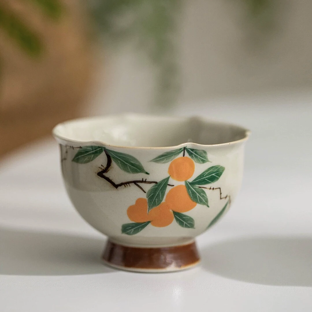 寒舍手绘茶杯草木灰葵口杯高足主人被陶瓷茶具女士茶杯50ml