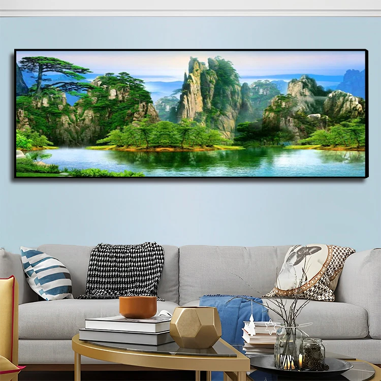 【客厅画】新款客厅山水风景装饰画横幅版简约沙发背景晶瓷晶钻挂画