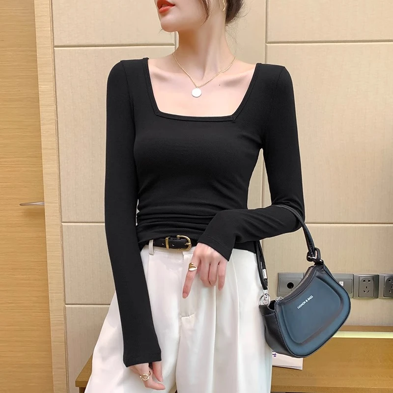 黑色方领打底衫女内搭长袖2023年新款螺纹针织紧身打底薄款上衣潮
