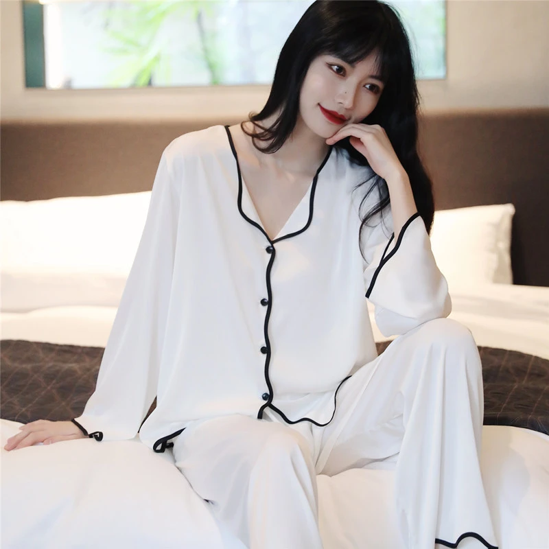 睡衣女春秋薄款白色长袖冰丝大码宽松两件套可外穿直播女士家居服