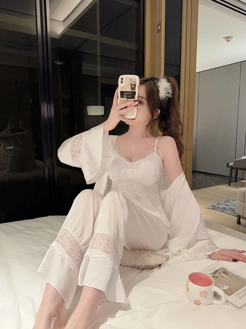 睡衣女秋冬长袖性感吊带长裤三件套蕾丝纯欲外袍带胸垫春季家居服