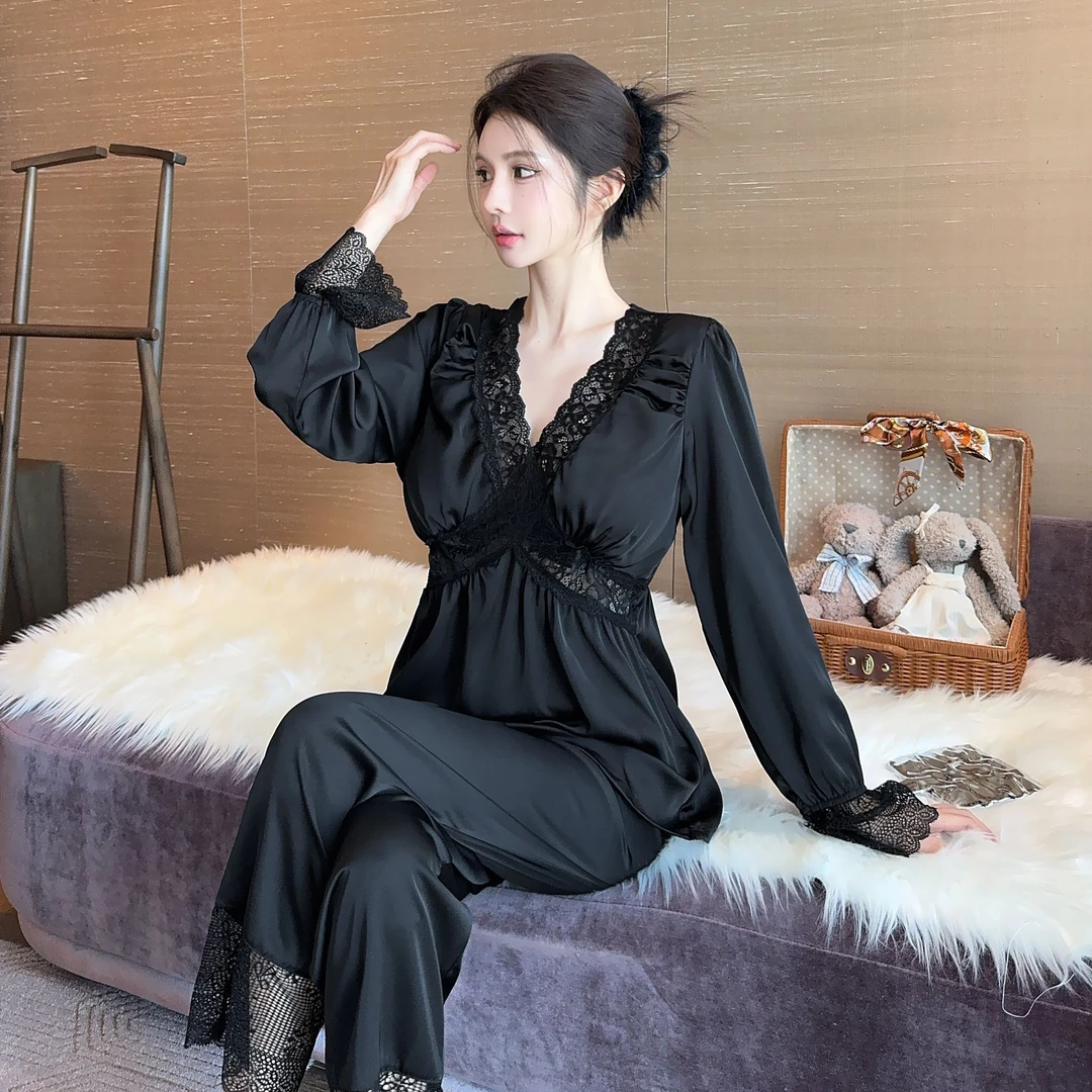 睡衣女春秋金丝绒冰丝长袖性感蕾丝黑色薄款纯欲带胸垫春夏家居服