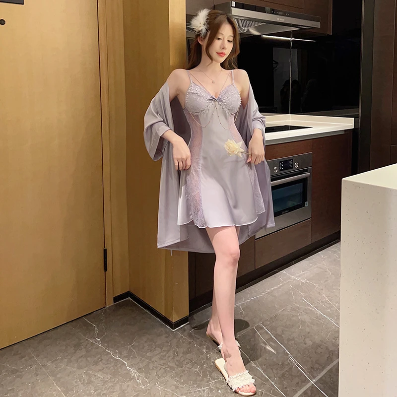 睡衣女夏季薄款冰丝吊带睡裙两件套气质显瘦纯欲春秋带胸垫睡裙