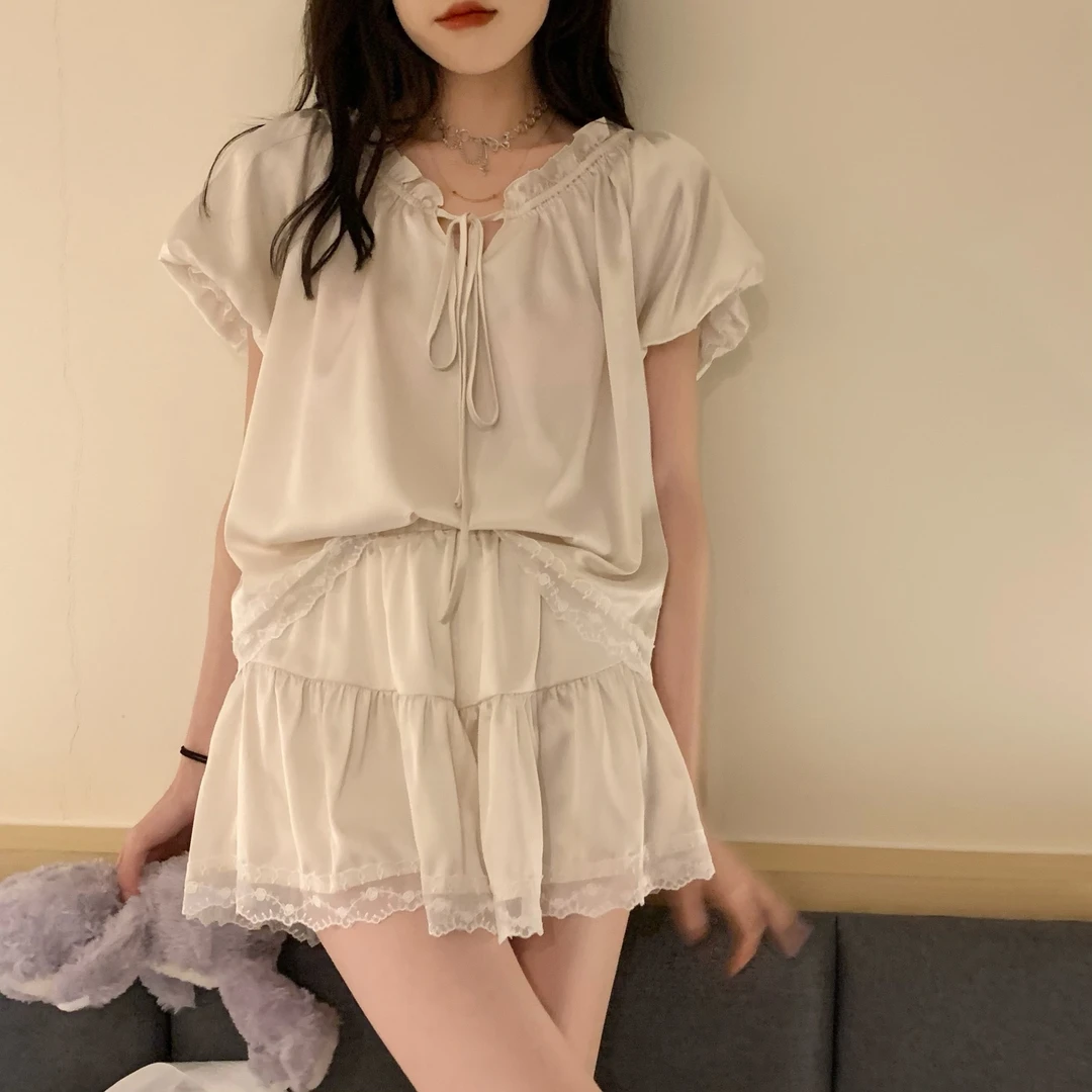 睡衣女夏季薄款短裤短袖冰丝套装甜美短款蕾丝可爱圆领少女家居服