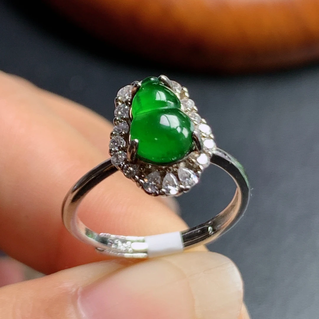 天然翡翠A货冰种满绿满色阳绿绿色葫芦戒面戒指指环可调节玉石冰