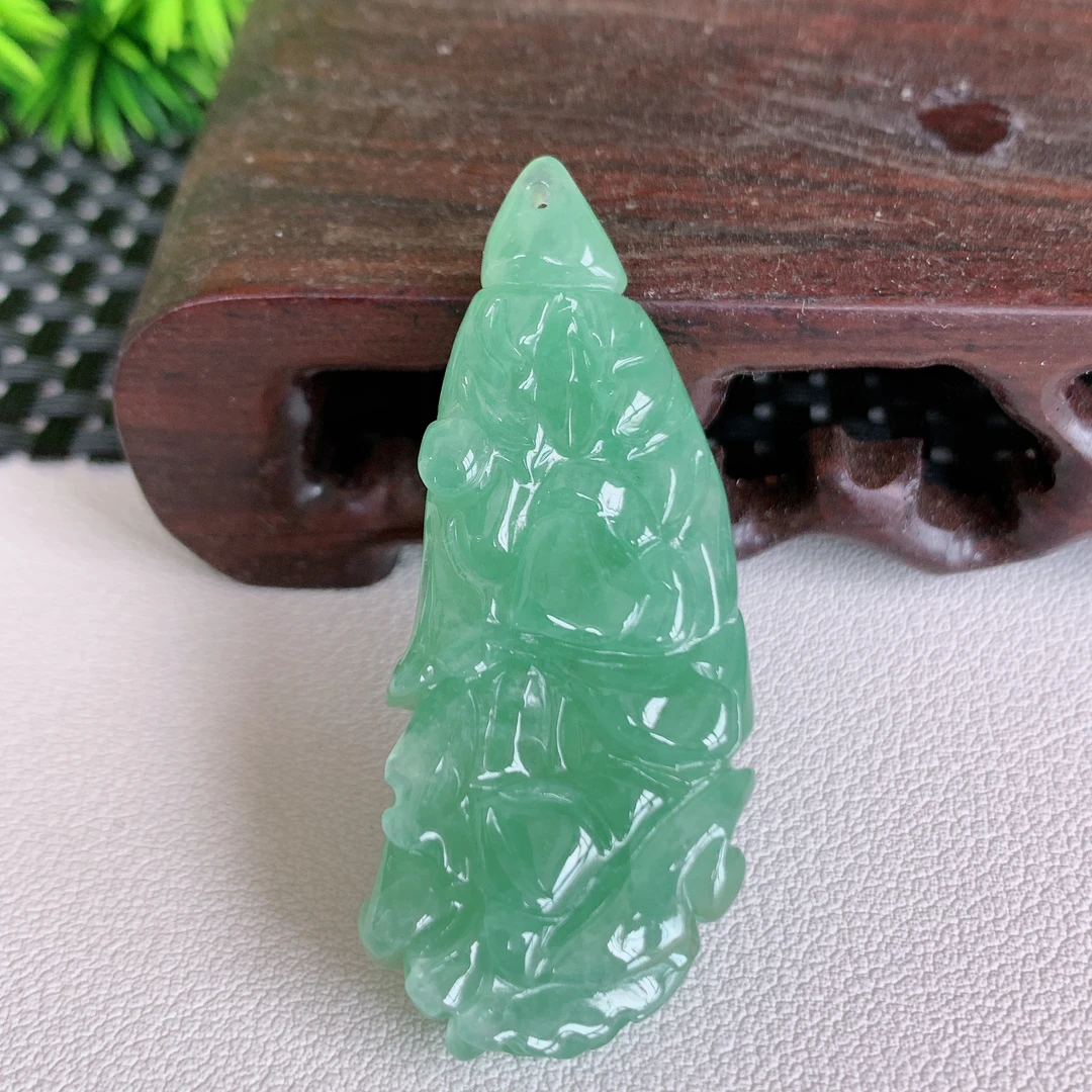 翡翠吊坠天然翡翠A货冰种满色晴水绿白菜吊坠挂件46.5-19-12mm