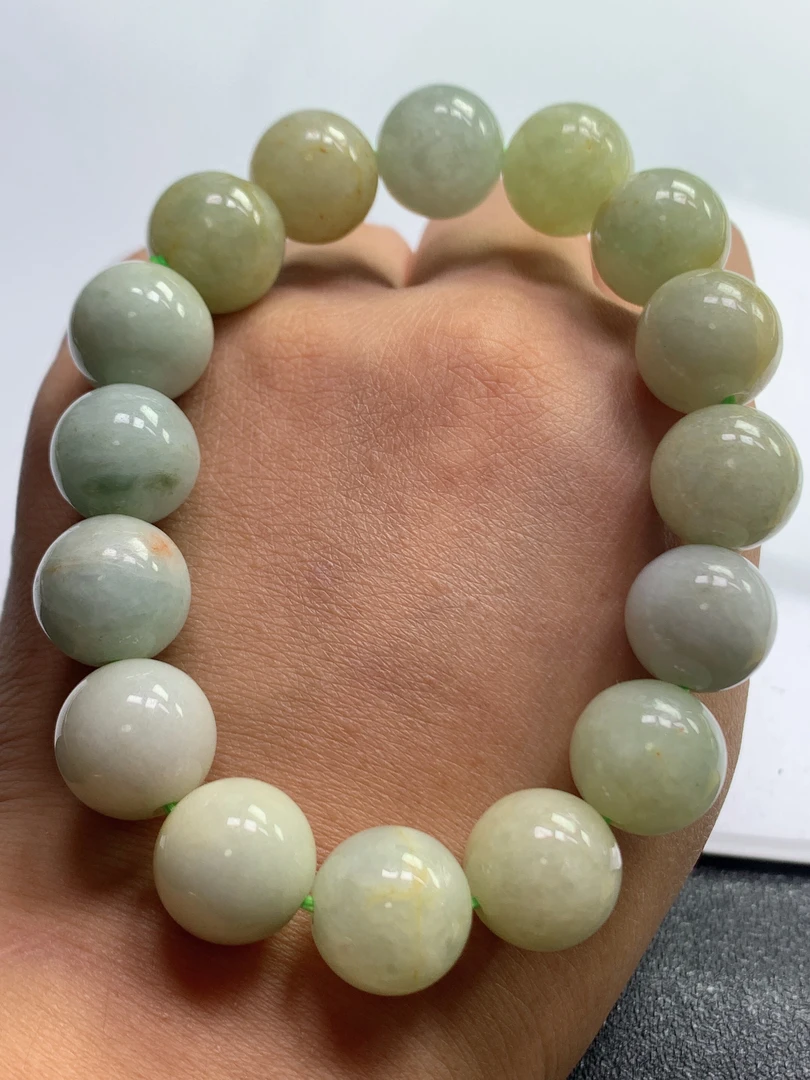 天然翡翠A货冰润黄翡黄色双彩圆珠手链手串卡13mm玉石缅甸特色珠