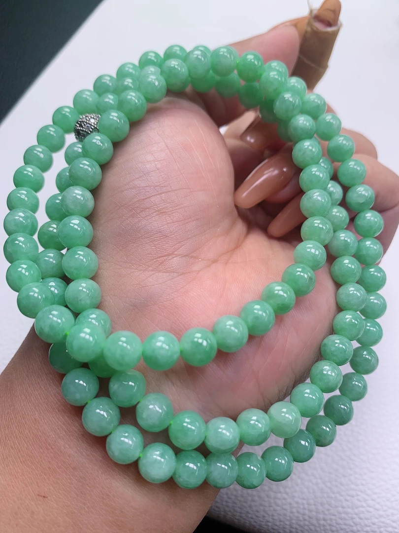 天然翡翠A货冰润满绿果绿飘绿圆珠项链珠链6.6mm多样性发货108颗