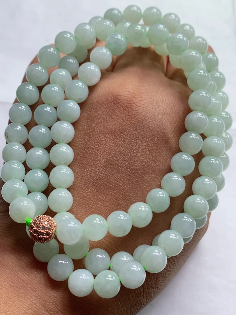 天然翡翠A货冰润浅绿晴水绿圆珠项链珠链卡7.8mm浅色玉石缅甸珠子