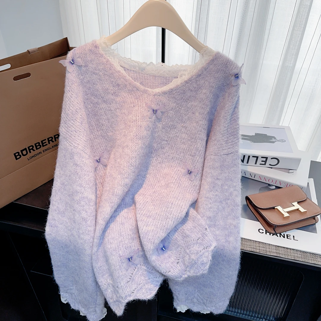 高级感蕾丝针织衫女秋冬2024新款时尚软糯毛衣打底衫宽松V领上衣