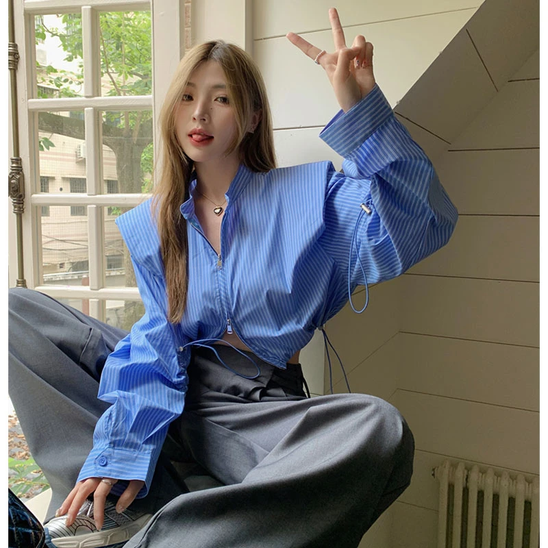 蓝色条纹短款衬衫通勤女装抽绳小个子长袖衬衣2025春秋新款ins潮