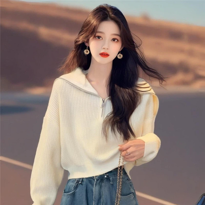 半拉链海军领慵懒风毛衣女内搭秋冬季针织衫宽松外穿软糯短款上衣