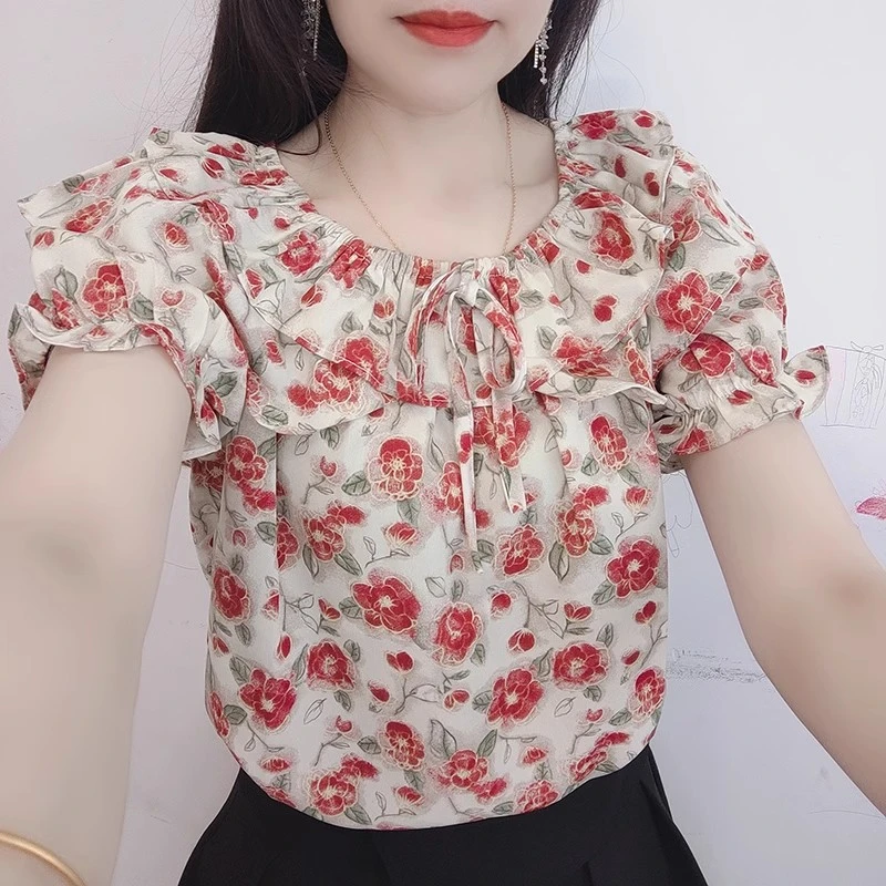 欧货一字领碎花衬衫女雪纺衫夏季2025新款时尚宽松设计感气质上衣