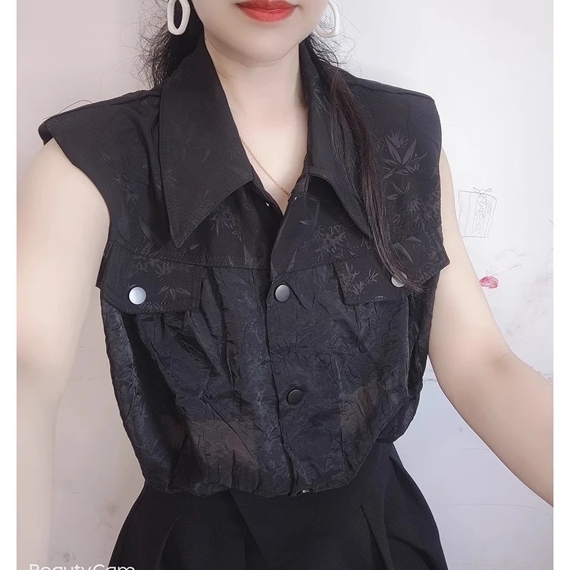 2025夏季新款垫肩无袖Polo领黑色衬衫设计感气质通勤显瘦百搭上衣