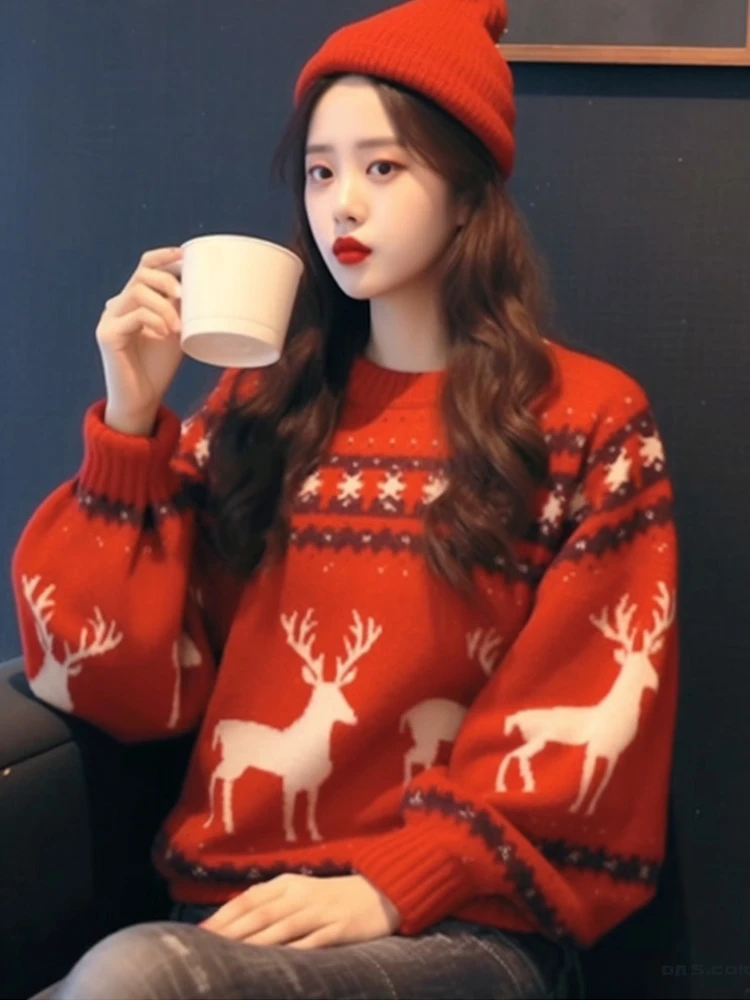 超好看毛衣女秋冬加厚欧货重工设计感宽松圣诞春游红色针织上衣