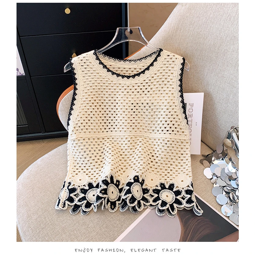 度假风花朵镂空无袖针织背心吊带女夏季新款气质时尚百搭短款上衣